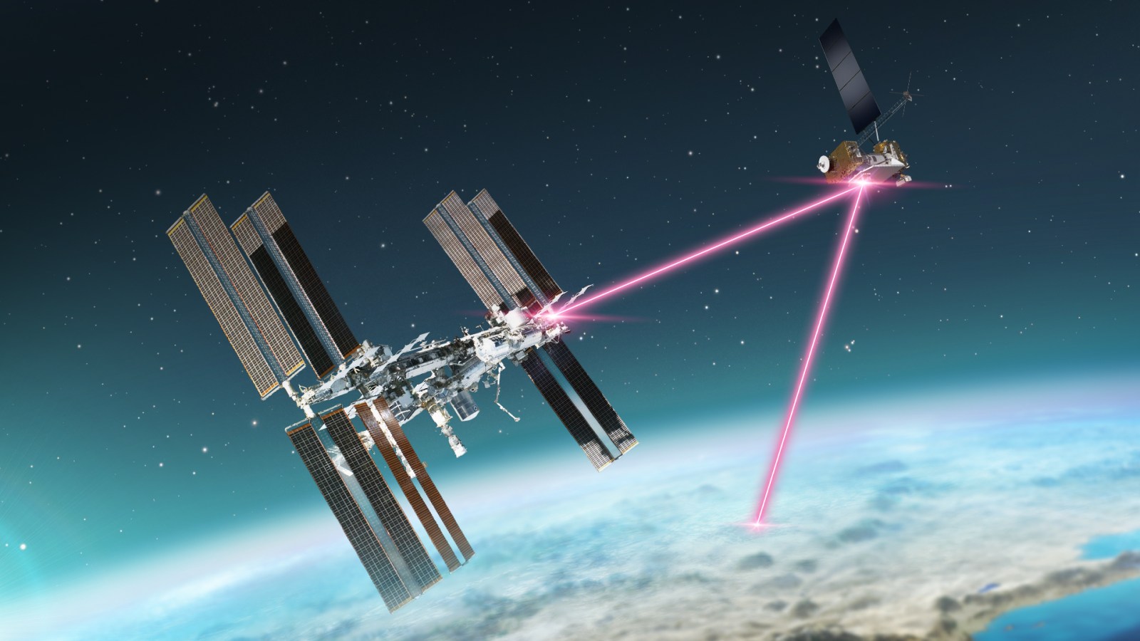 NASA graphic of the laser relay between the International Space Station, the LCRD spacecraft, and Earth